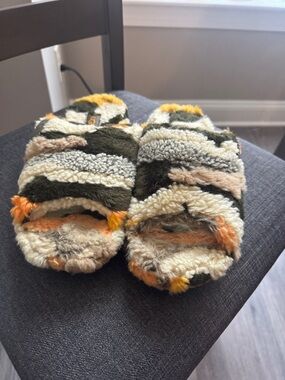 UGG Striped Fuzzy Slide Slippers in Cream, Olive & Orange